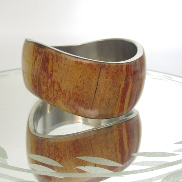 Stainless Steel & Wood Grain Inlay Banana Bark Cuff Bracelet - Picture 15 of 16